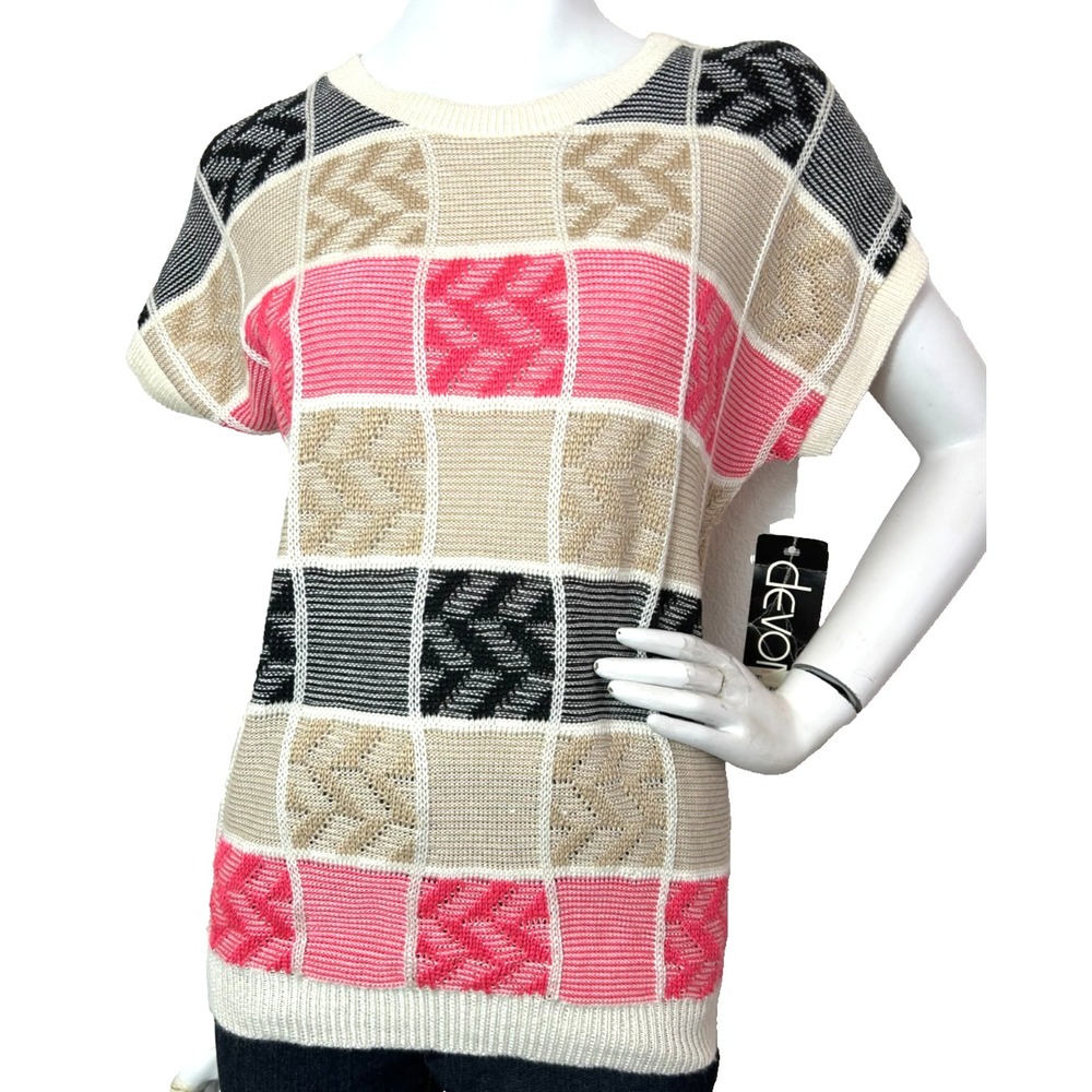 NWT Vintage 80s Devon Colorblock Geometric Knit Short Sleeve Sweater Retro Large